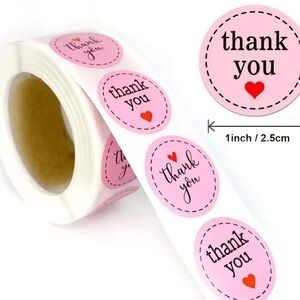 Roll of 500 Thank You Pink Heart Self-Adhesive Kraft Paper 1” Gift Tag Stickers.